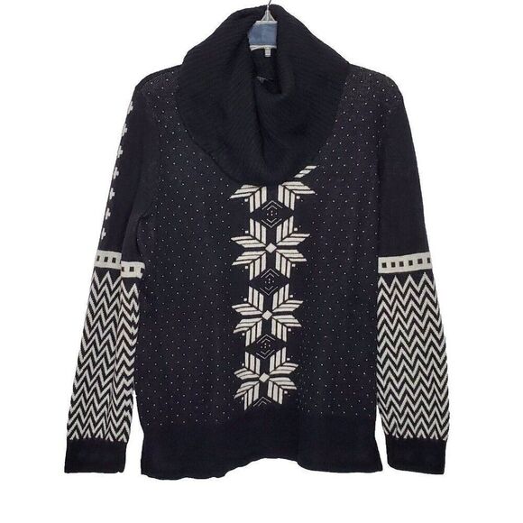 Talbots Cowl Neck Nordic Sweater L Black White Snowflakes Birds Eye Chevron - Picture 1 of 5